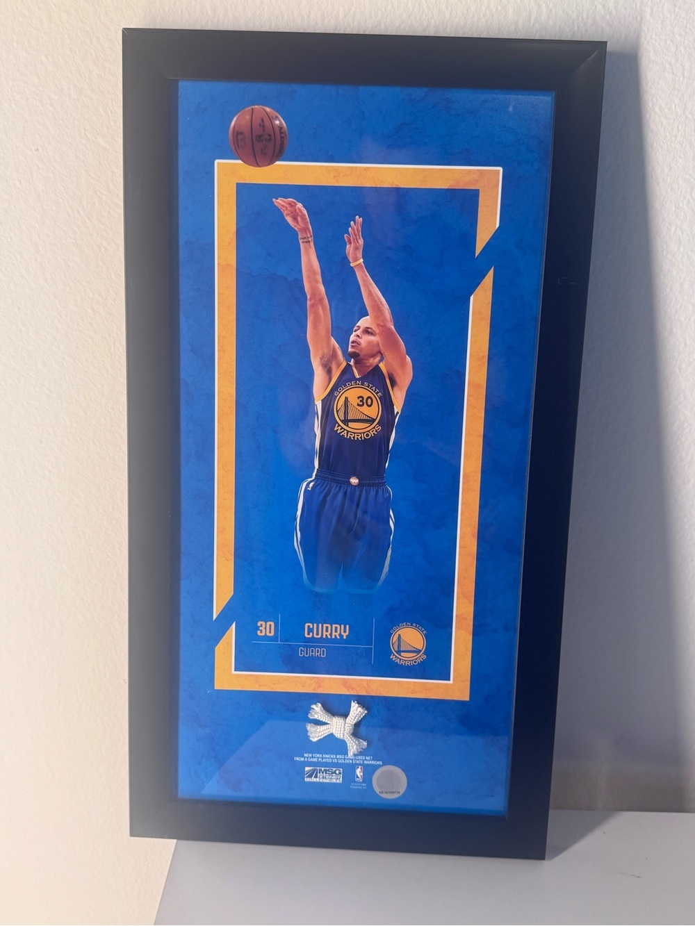Stephen Curry Warriors Framed Photo Game Used Knicks MSG Net Steiner COA 12x22